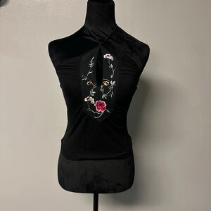 Women's Armani Exchange Black Embroidered Halter Tank Top size XS 100% Lyocell